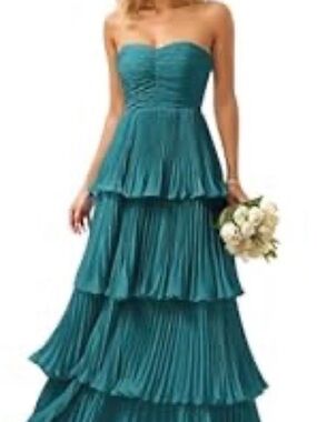 Strapless Teal Tiered Pleated Maxi Dress